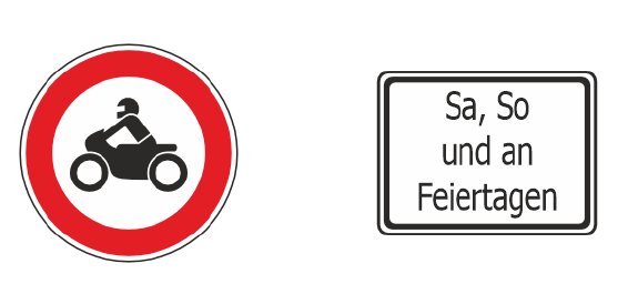 Mit diesen Verkehrszeichen wird auf das Motorradfahrverbot auf der L 1152 hingewiesen.