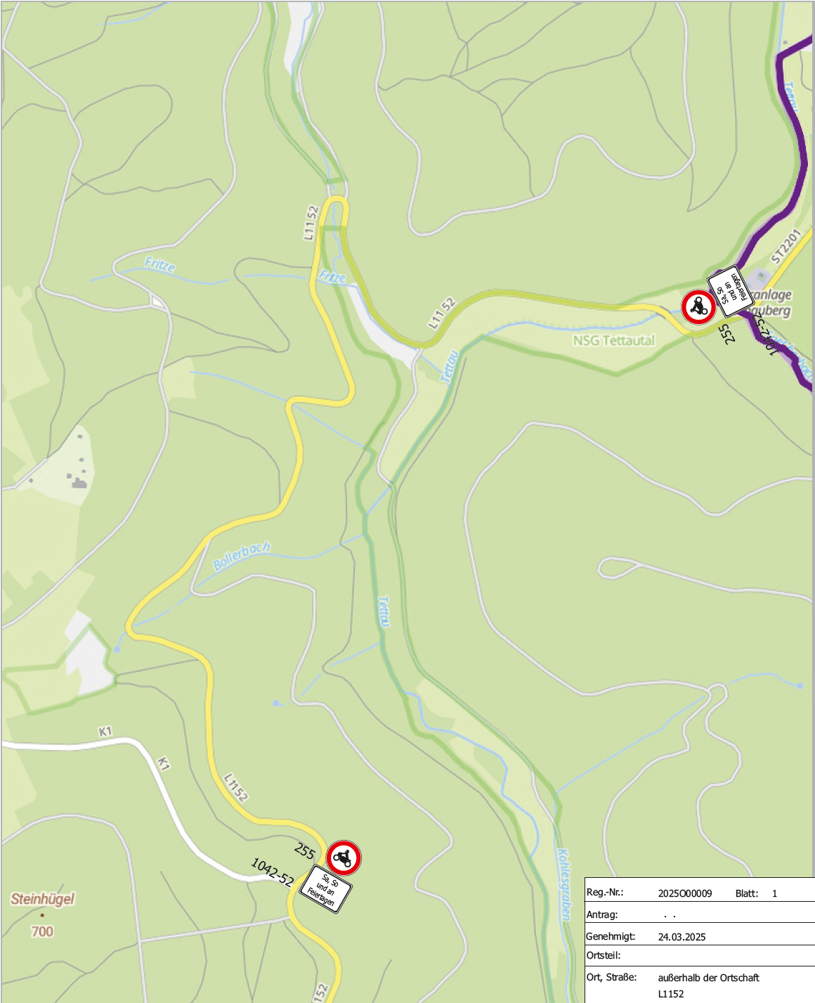 Übersicht zum Teilbereich des Motorrad-Fahrverbots auf der L 1152