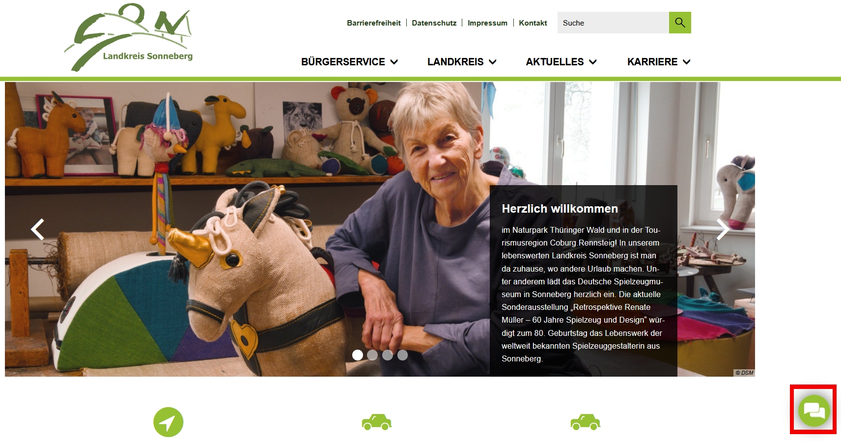 Screenshot der Homepage des Landkreises Sonneberg mit dem Chatbot-Button unten rechts